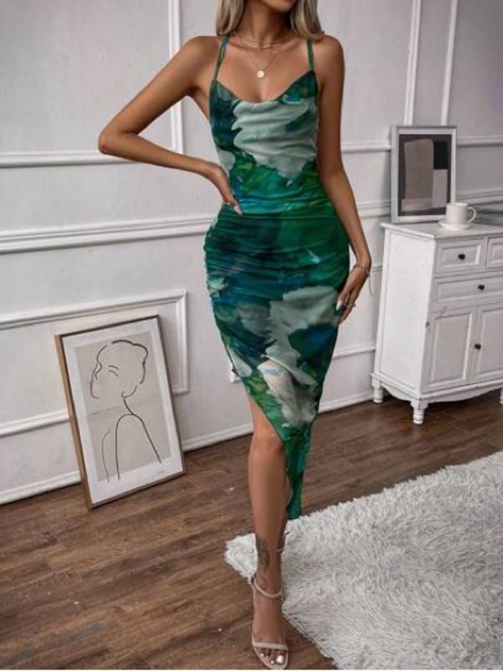 Green Watercolor Slip Dress with Spaghetti Straps